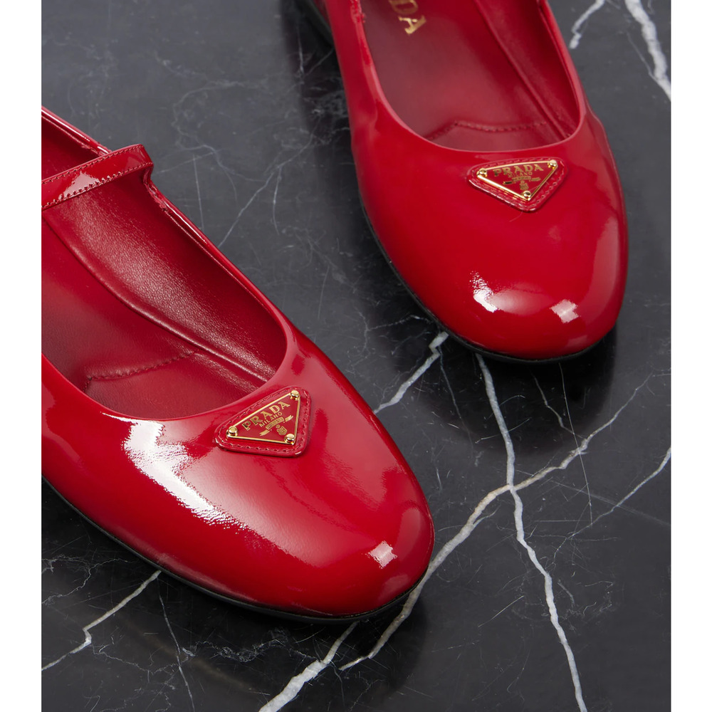 Prada Cherry Red Patent Gold Triangle Logo Mary Jane Ballerina Ballet Flat 38.5 - Picture 9 of 16